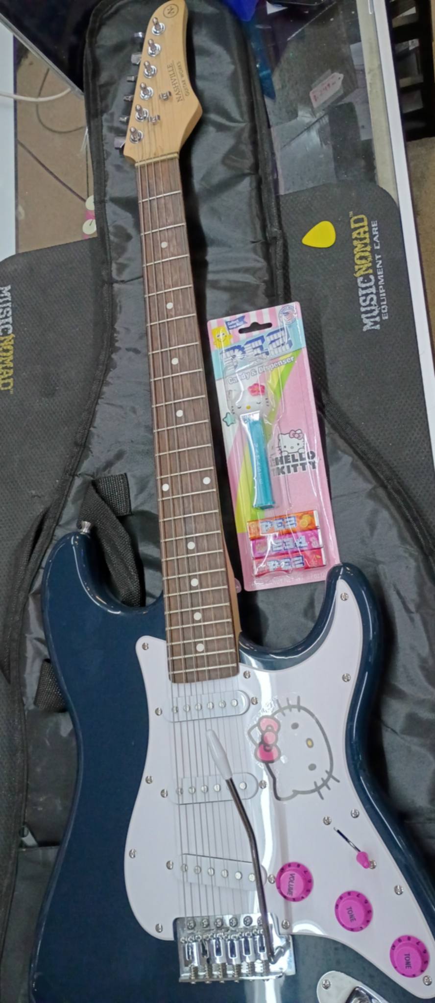 Hello Kitty Motif – Strat Style – Rare "Namaste!" Hello Kitty Pez Dispenser and Gig Bag Included! NGW 135B - Big Fun - Serious Tone