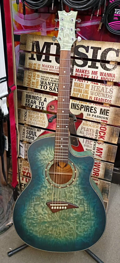 Dean EQA TBLS - Quilt Ash Top - Acoustic Electric Guitar - Transparent Blue Satin